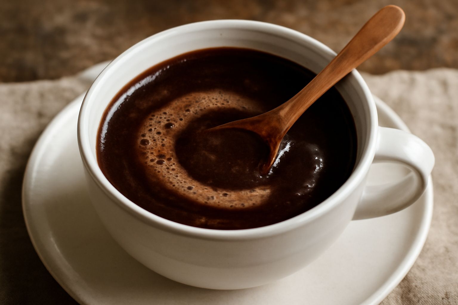 Tazza bianca con cioccolata calda densa color marrone scuro, schiuma leggera in superficie, cucchiaino di legno poggiato sul bordo, vapor caldo che sale, piattino bianco, sfondo sfocato grigio-marrone
