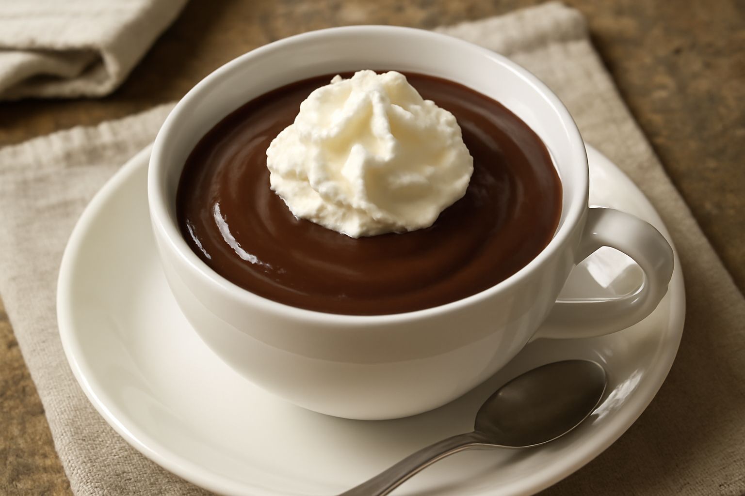 Una tazza di cioccolata calda densa di colore marrone scuro, servita in una tazza bianca, con panna montata leggera in cima e un cucchiaio di legno poggiato sul bordo