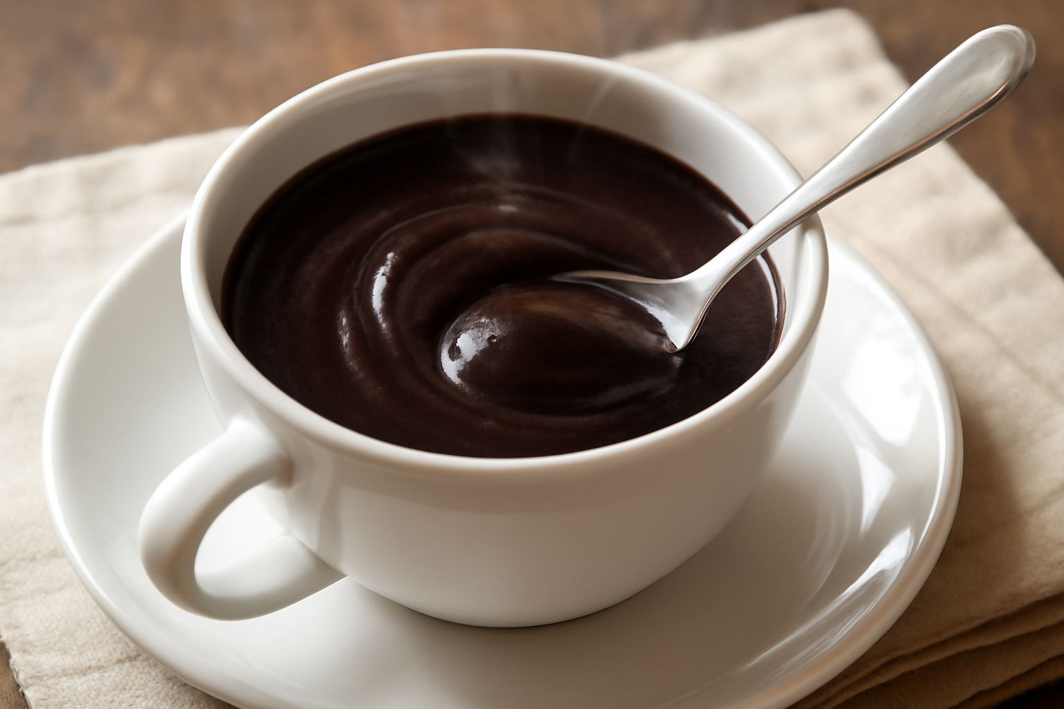 Tazza di ceramica bianca ricolma di cioccolata calda senese di colore marrone scuro e denso, superficie liscia e lucida, vapore leggero che sale, cucchiaio di legno appoggiato sul bordo, sfondo neutro