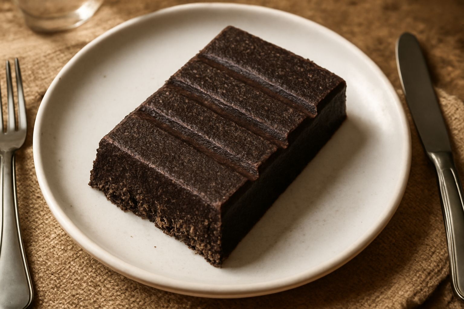 Barretta di cioccolata di Modica spezzata in pezzi su un piatto bianco, con granuli di zucchero visibili sulla superficie scura e opaca, sfondo di una tavola di legno