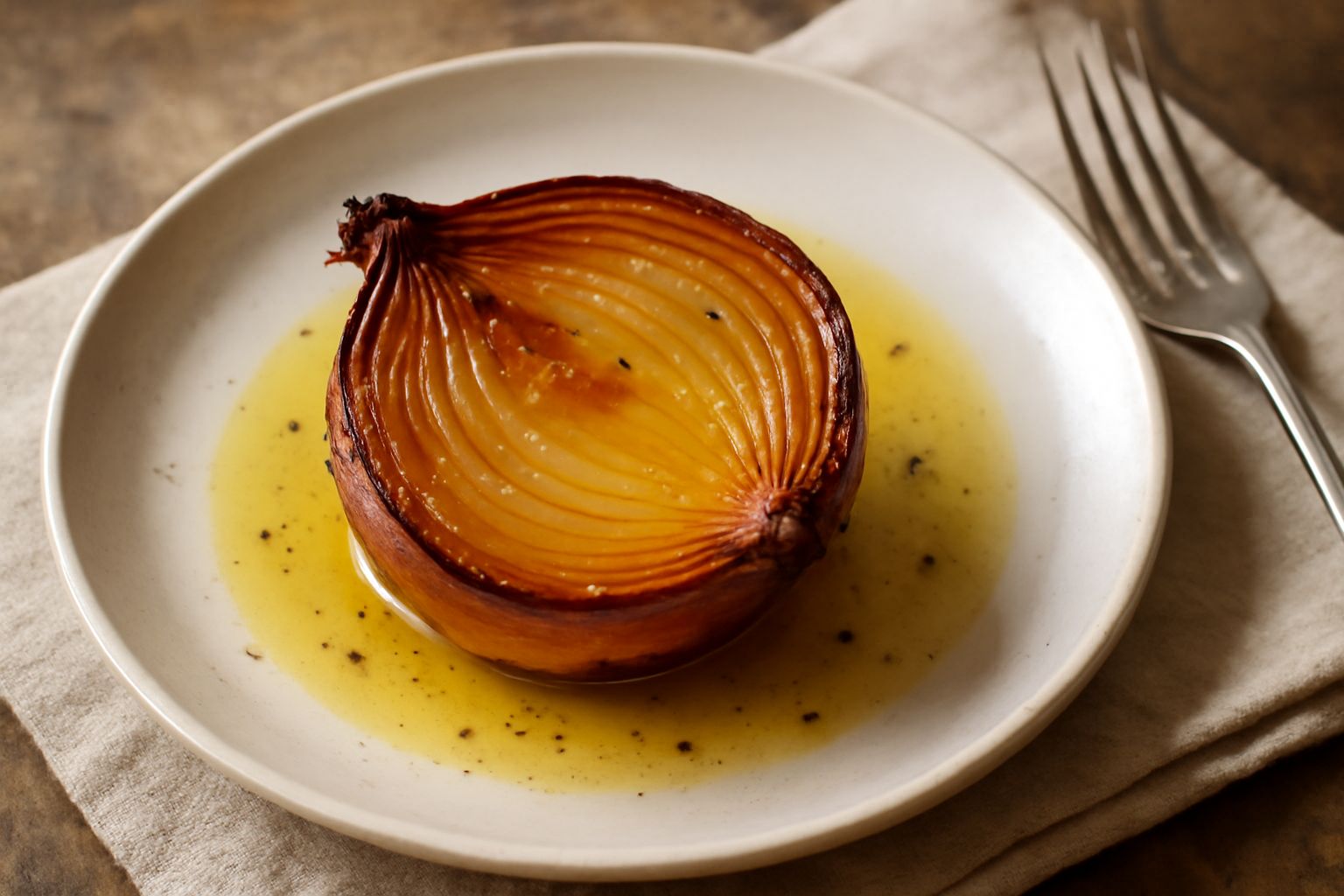 Cipolle bionde intere al forno con buccia dorata e leggermente caramellata, tagliate a metà nel piatto, condite con olio e sale grosso, vapore ancora visibile dalla polpa calda