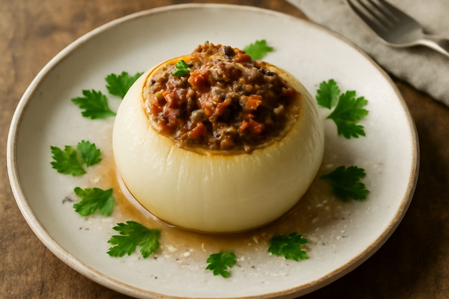Una cipolla bianca ripiena dorata in piatto bianco, metà della cipolla visibile con il ripieno di carne macinata e verdure che sporge dal centro, contorno di salsa chiara e prezzemolo fresco