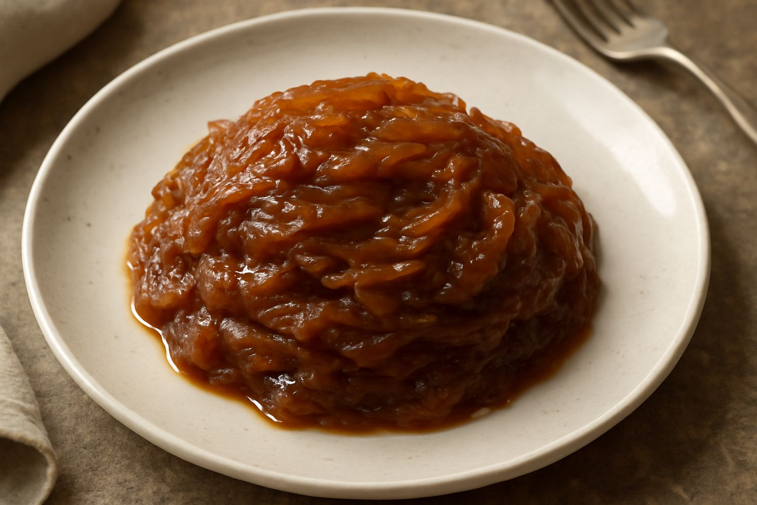 Cipolle dorate e caramellate in una padella ampia, colore ambrato brillante, traslucide e morbide, con cipollotti verdi freschi sparsi accanto