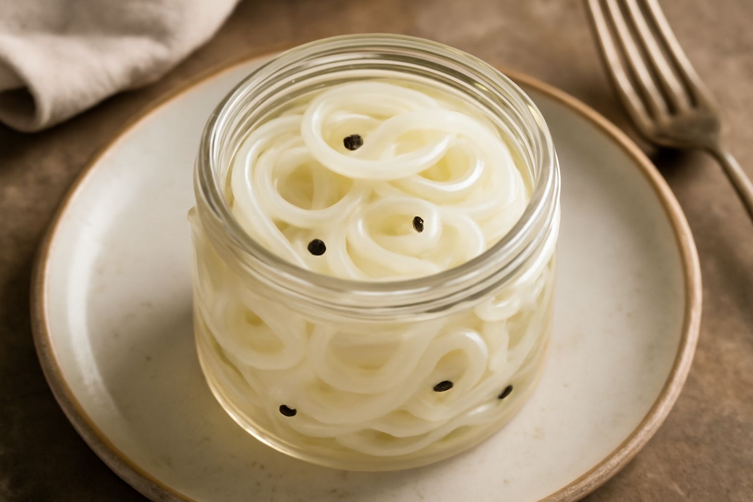 Vasetto di vetro trasparente con cipolle bianche tagliate in anelli sottili immerse in salamoia trasparente, etichetta bianca con scritta, sfondo neutro di legno chiaro
