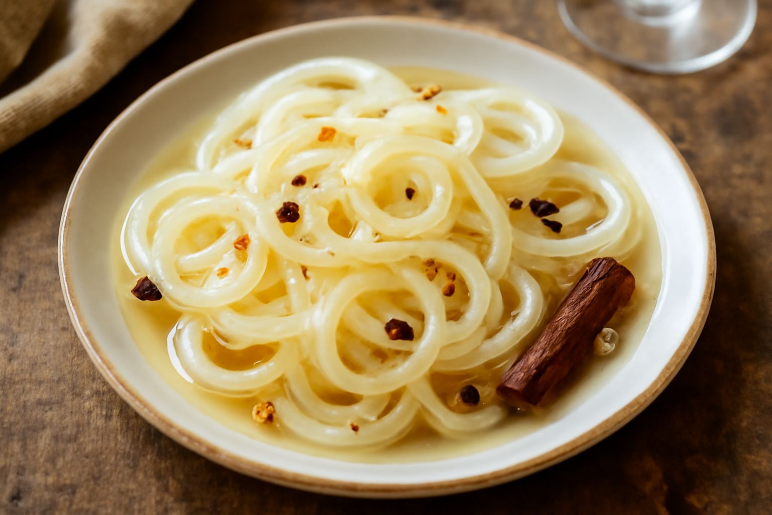Barattolo di vetro con cipolle di Canneto in sottaceto, anelli color bianco-dorato, ricoperti di salamoia trasparente, spezie visibili, sfondo neutro