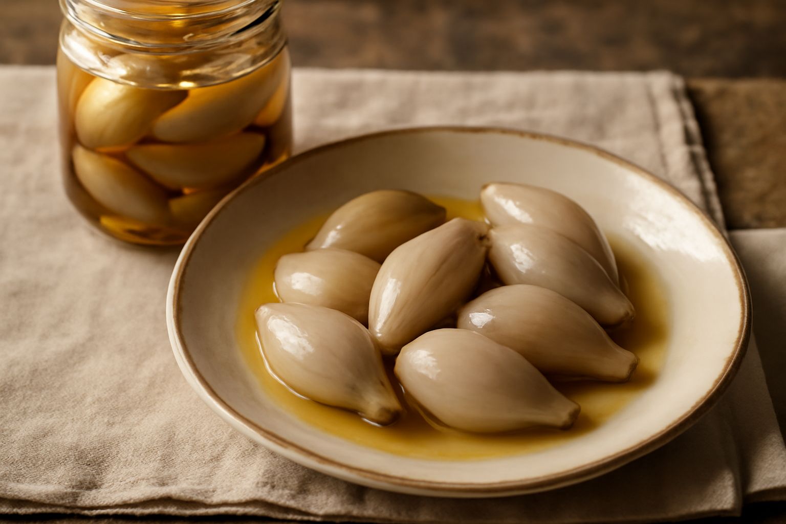 Barattolo di vetro con cipolle di Canneto sott'olio color ambrato, spicchi interi e lucidi immersi in olio trasparente, con una fetta di cipolla in primo piano su piatto bianco