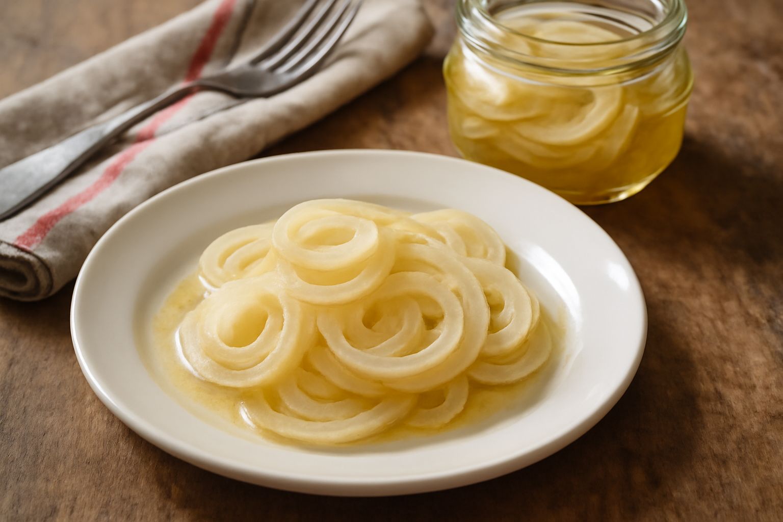 Barattolo di vetro con cipolle bianche e dorate sott'olio, fette sottili lucide e lucenti, olio trasparente, aceto sullo sfondo sfocato