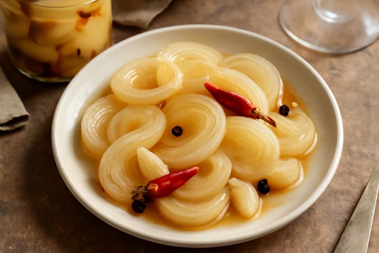 Barattolo di vetro con cipolle di Matera conservate sottaceto, di colore ambrato, alternate con aglio e peperoncino, olio trasparente e spezie visibili, su fondo bianco