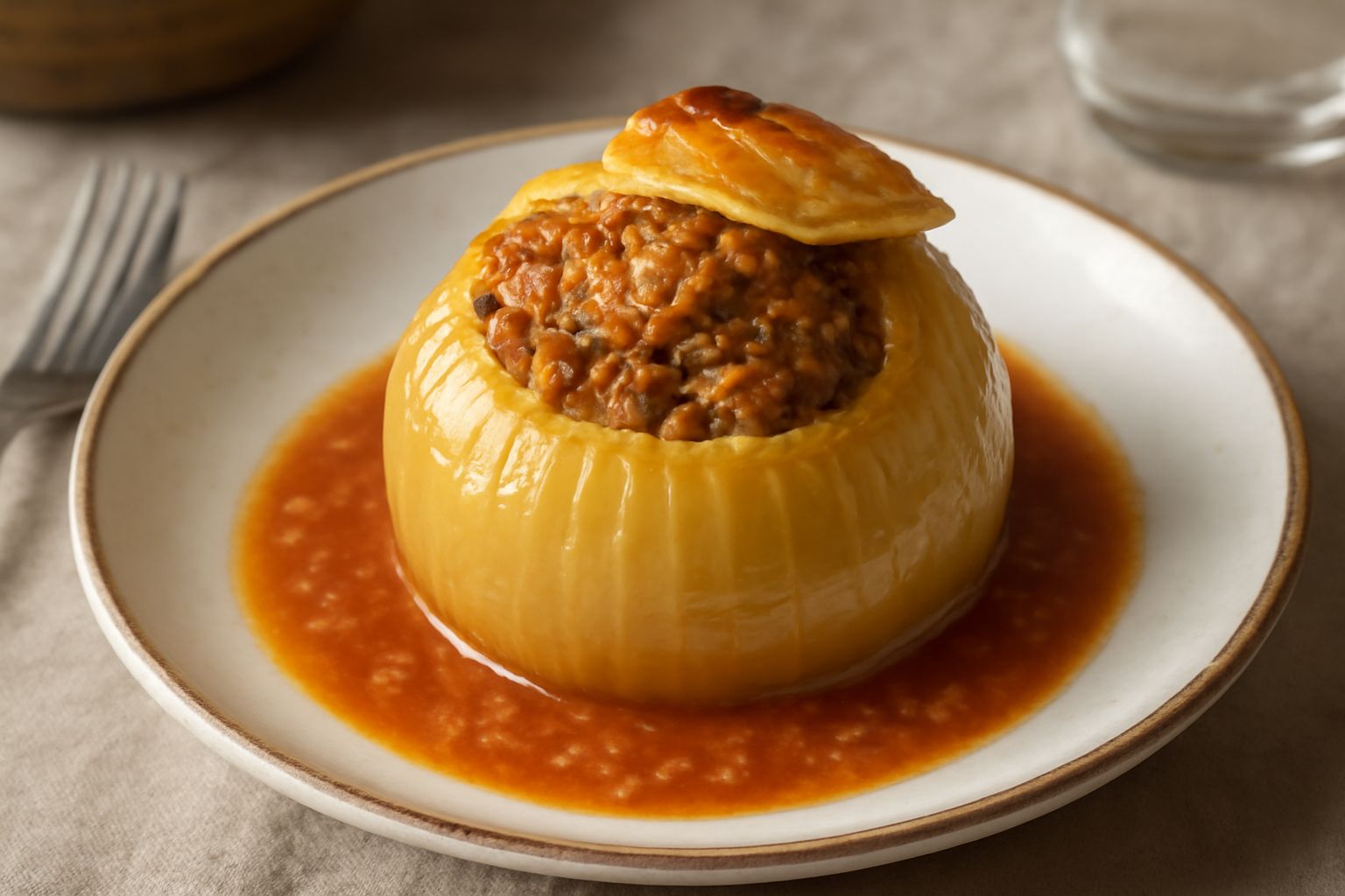 Tre cipolle intere ripiene dorate al forno, disposte in una pirofila bianca con salsa di pomodoro, cosparse di pangrattato croccante e prezzemolo fresco verde scuro
