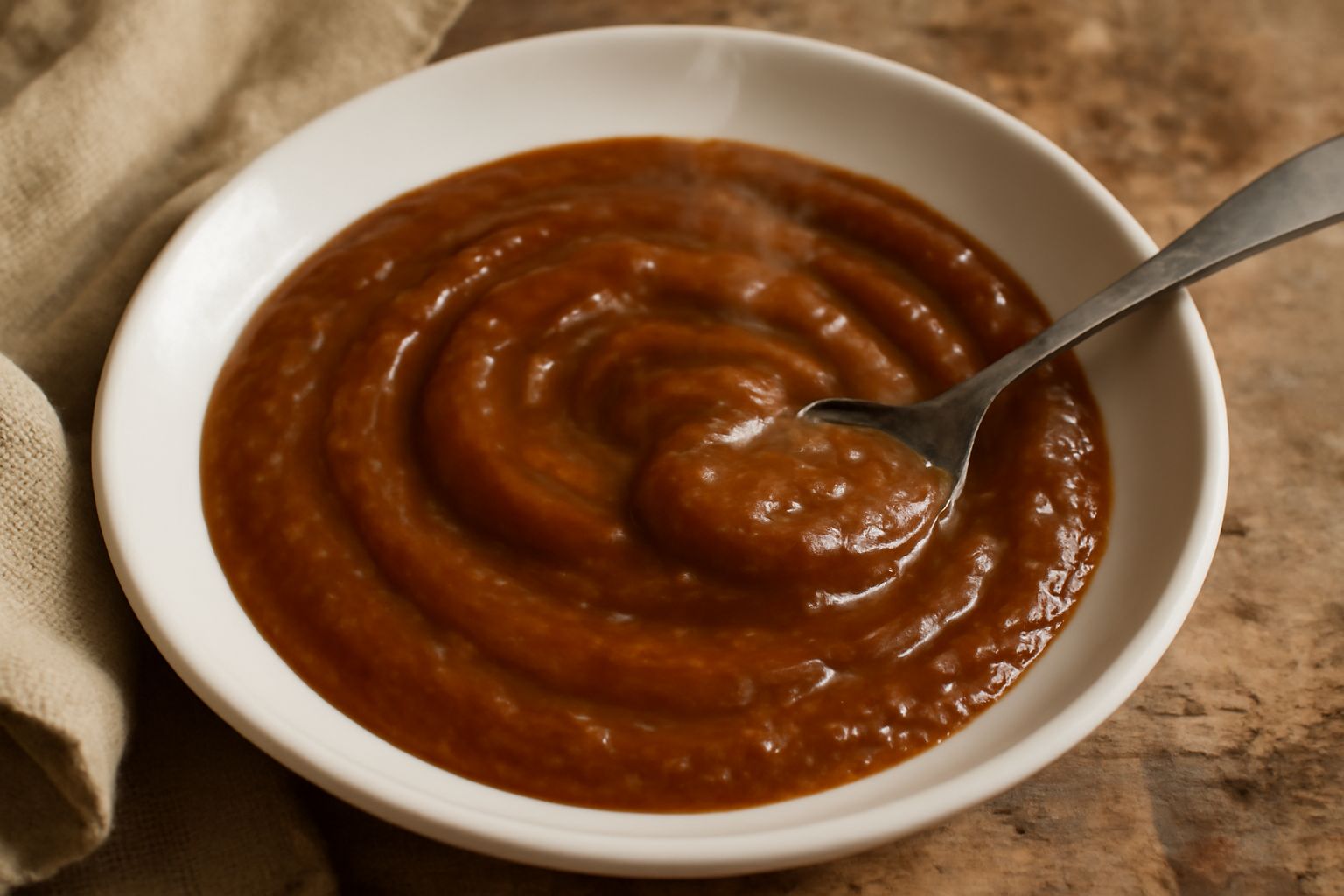 Cipolla di Tropea caramellata in una ciotola bianca, colore marrone dorato, consistenza cremosa e appiccicosa, servita con un cucchiaio di legno, sfondo neutro grigio