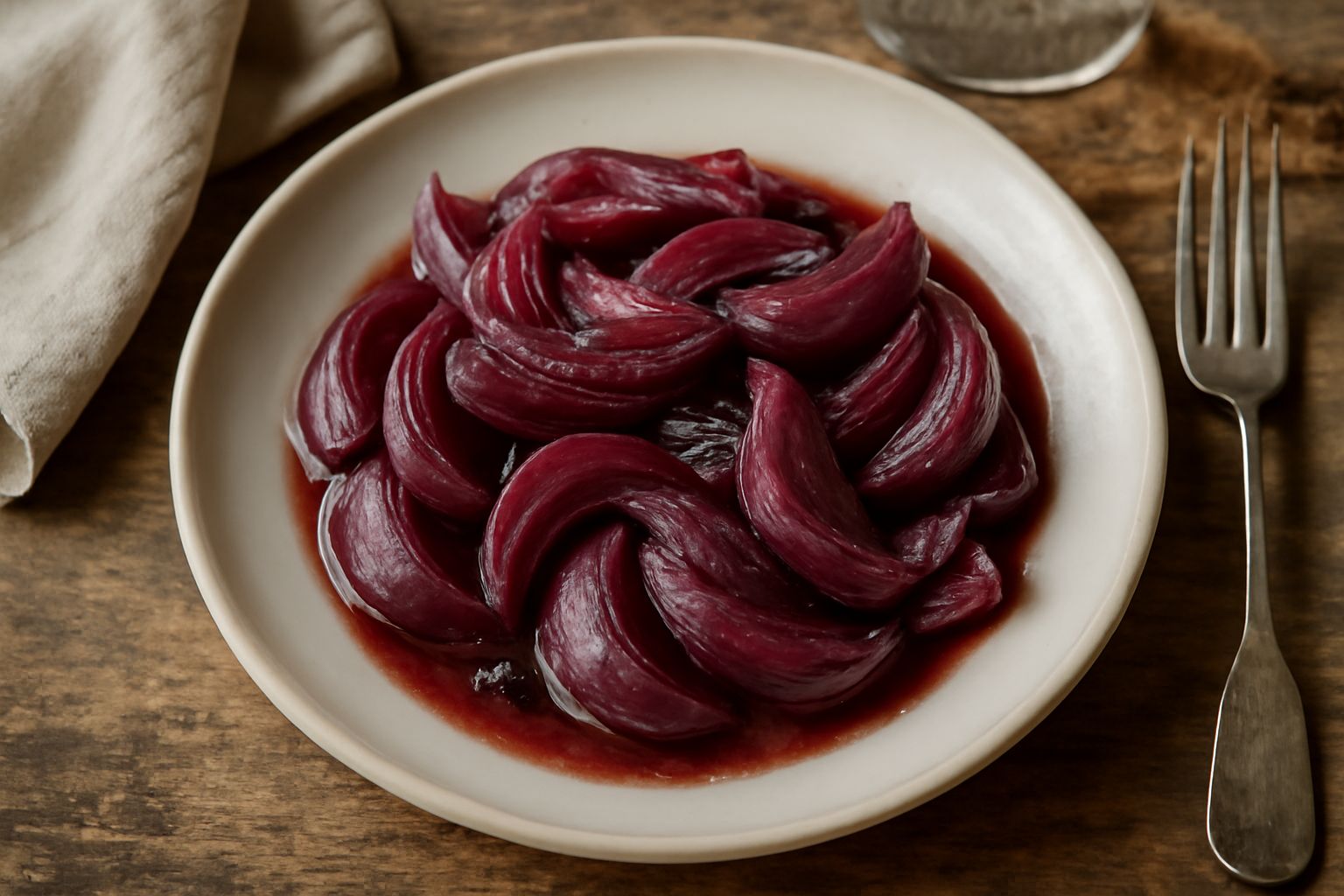 Ciotola di ceramica bianca con cipolle rosse tagliate sottili in salsa trasparente marrone, rifinitura di basilico fresco e olio su tavolo di legno naturale