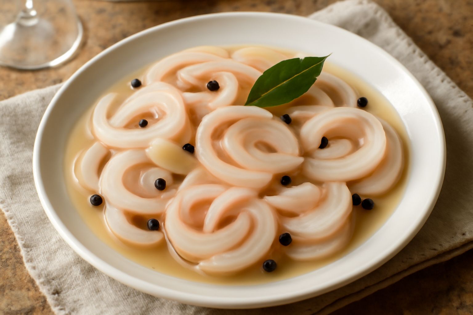 Barattolo di vetro con cipolle di Tropea tagliate a fette, immerse in liquido trasparente con aceto, zucchero e spezie, riflessi dorati alla luce, sedute su un tavolo di legno naturale