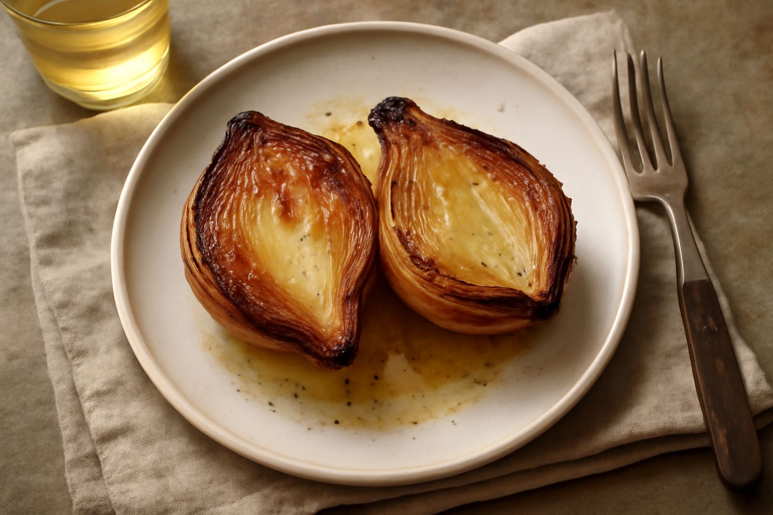 Cipolle dorate e morbide al forno in una teglia di ceramica, tagliate a metà, riarse di olio d'oliva con aglio e basilico fresco visibile, vapore ancora evidente dalla cottura