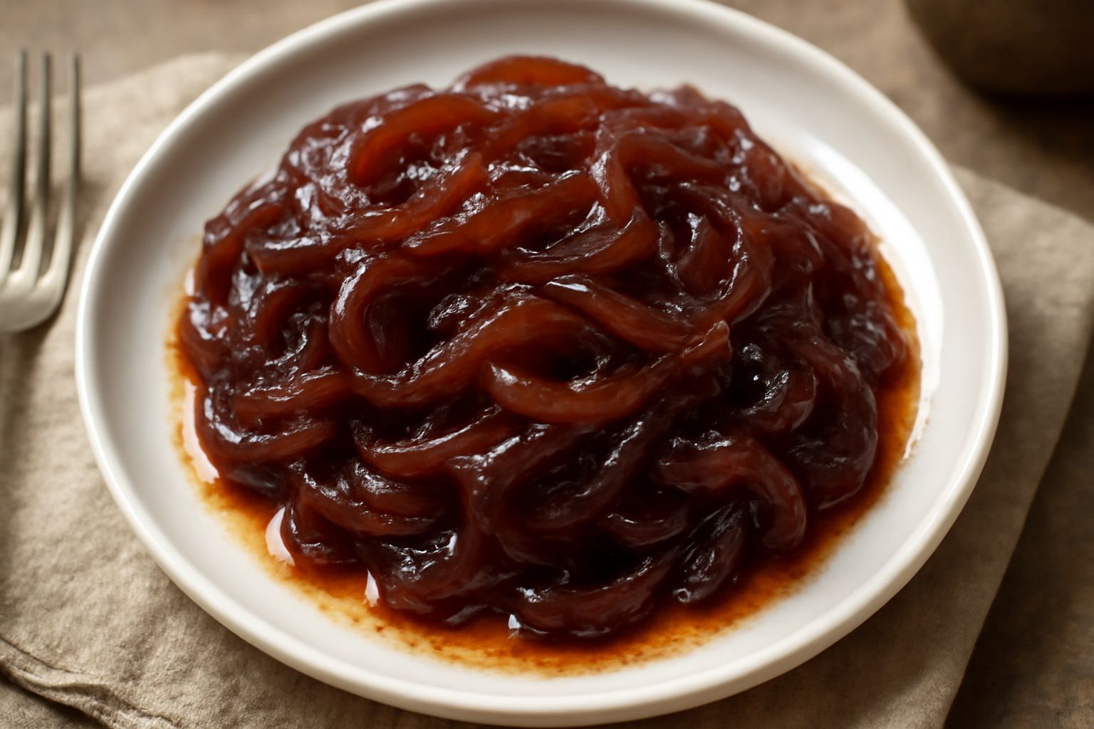 Cipolla dolce di Tropea caramellata in una ciotola bianca, colore marrone scuro lucido, servita con cucchiaio di legno su tavolo di legno naturale, accompagnata da una cipolla rossa intera accanto