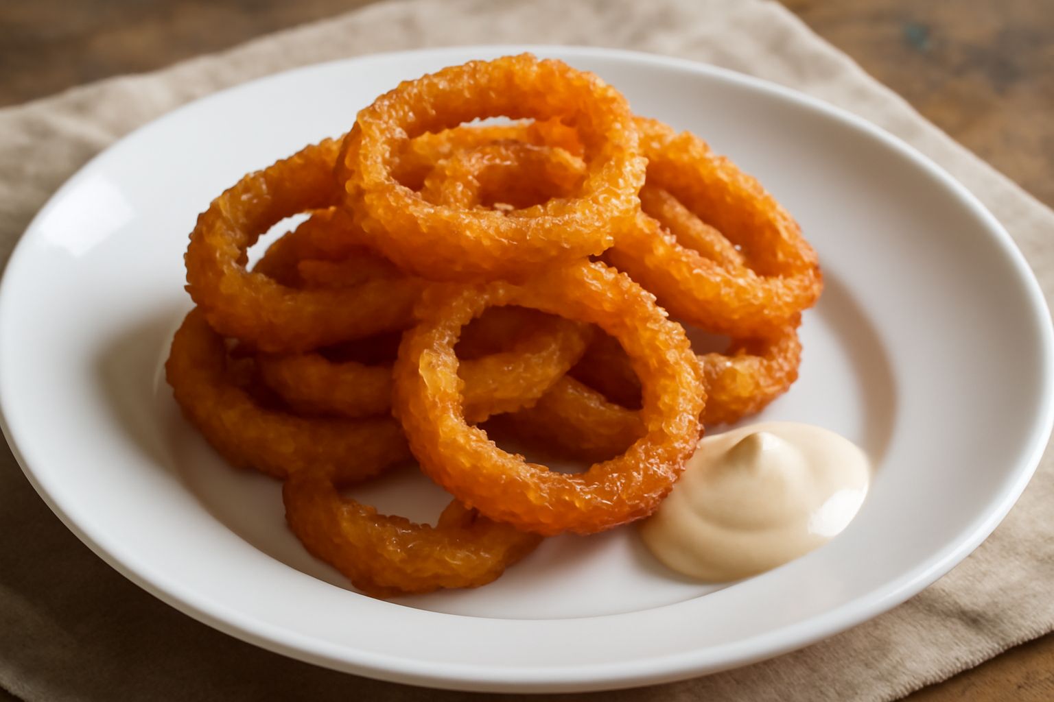 Anelli di cipolla fritta dorata e croccante impilati su un piatto bianco, con una leggera patina di panatura dorata, una maionese o senape nel contorno, su fondo neutro