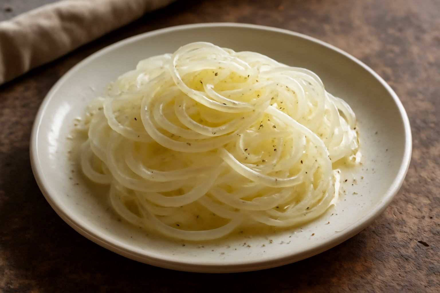 Fette sottili di cipolla friulana bianca e cruda, disposte a raggiera in un piatto bianco, cosparse di olio d'oliva verde e sale marino grosso, con qualche foglia di prezzemolo fresco