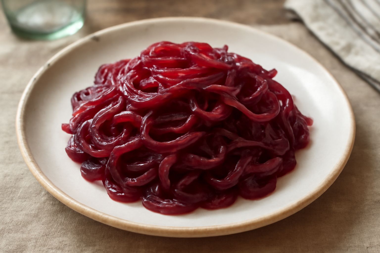 Cipolla rossa di Tropea tagliata a fette sottili, cotta in agrodolce, con colore rosso intenso e lucido, disposta in un piatto bianco con cristalli di zucchero caramellato visibili tra i strati, conto