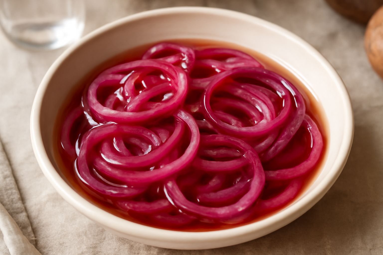 Ciotola di vetro trasparente con anelli di cipolla rossa brillante immersi in liquido ambrato trasparente, guarniti con semi di senape e chiodi di garofano visibili