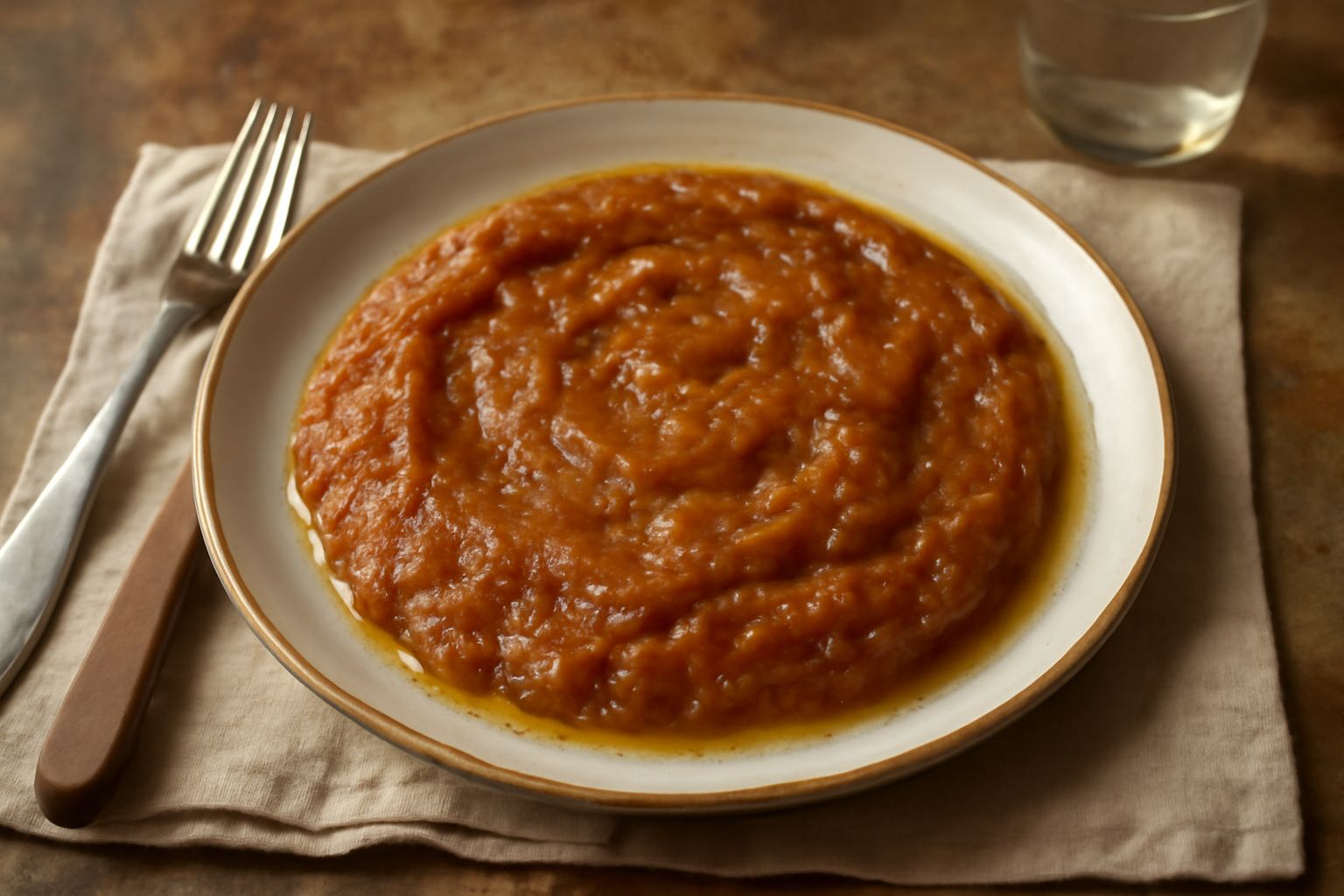 Cipollata in una ciotola bianca, con cipolle ridotte a crema dorata e morbida, lucenti di olio, con una spolverata di prezzemolo verde fresco sulla superficie