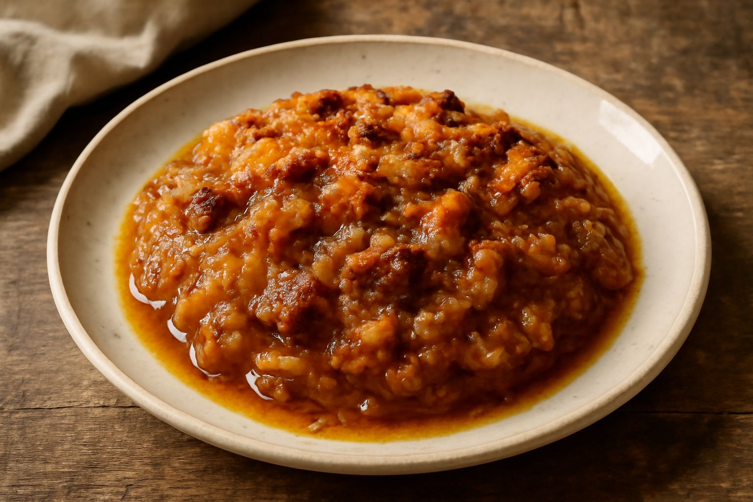 Cipollata in tegame di terracotta, cipolle dorate e morbide, pezzetti di carne scura sparsi in superficie, pane tostato croccante, olio brillante, guarnita con prezzemolo verde su piatto bianco