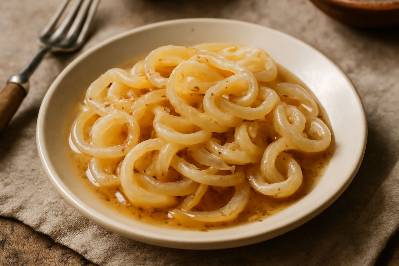 Vasetto di vetro trasparente con cipollata conservata: cipolle bianche e dorate immerse in liquido trasparente ambrato, con semi di mostarda e spezie, su sfondo di legno chiaro