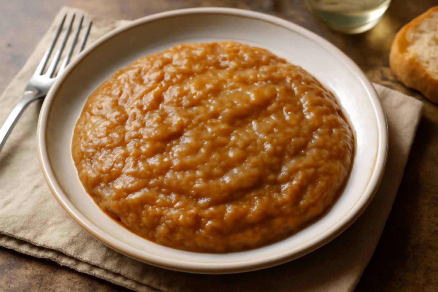 Cipollata di Messina in piatto bianco: cipolle caramellate marrone dorato, brillanti d'olio, con una consistenza morbida e compatta, guarnite con un filo d'olio verde e pepe nero