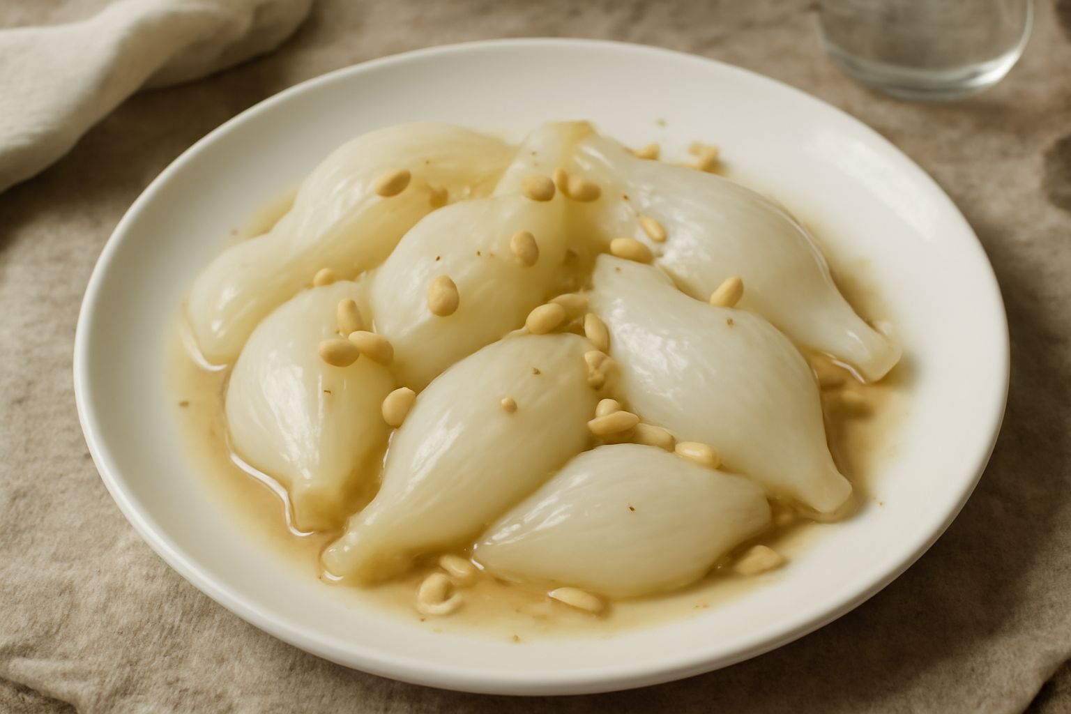Cipolloni dorati e morbidi in un piatto bianco, guarniti con pinoli tostati e uvetta scura, con un filo d'olio extravergine lucido sulla superficie