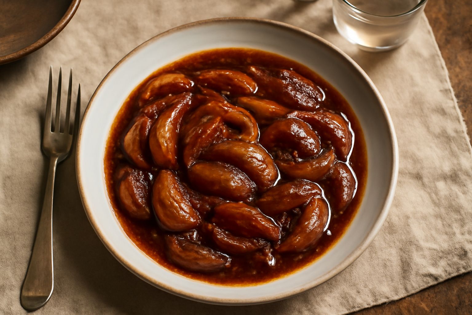 Cipollata dolce in piatto bianco: cipolle dorate e caramellate, morbide, in un fondo di sugo denso e lucido, guarnita con prezzemolo fresco verde