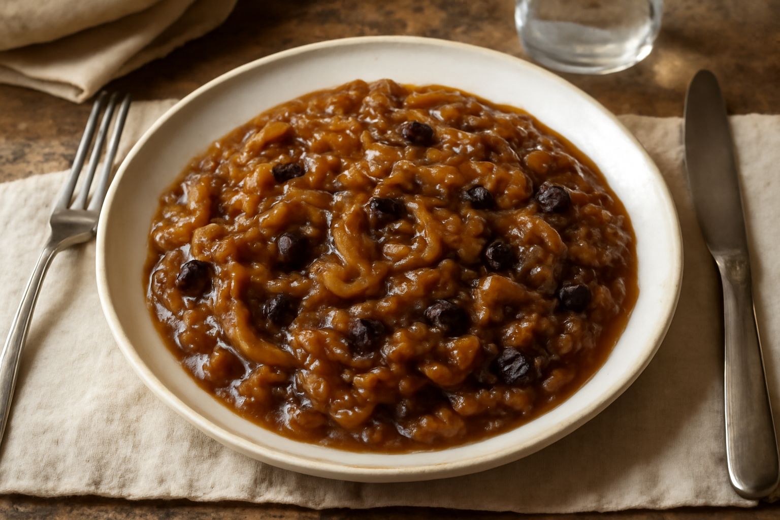 Cipollata d'uva servita in piatto bianco: cipolle caramellate bionde e dorate, uvetta scura sparsa in mezzo, salsa lucida e brillante, guarnizione di prezzemolo fresco