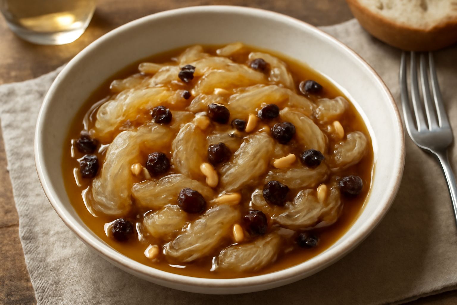 Cipollata fredda servita in ciotola bianca, cipolloni bianchi e dorati a fette sottili, lucidi per l'olio, piccole uvette nere sparse, fondo del piatto con liquido ambrato, foglia di prezzemolo fresco