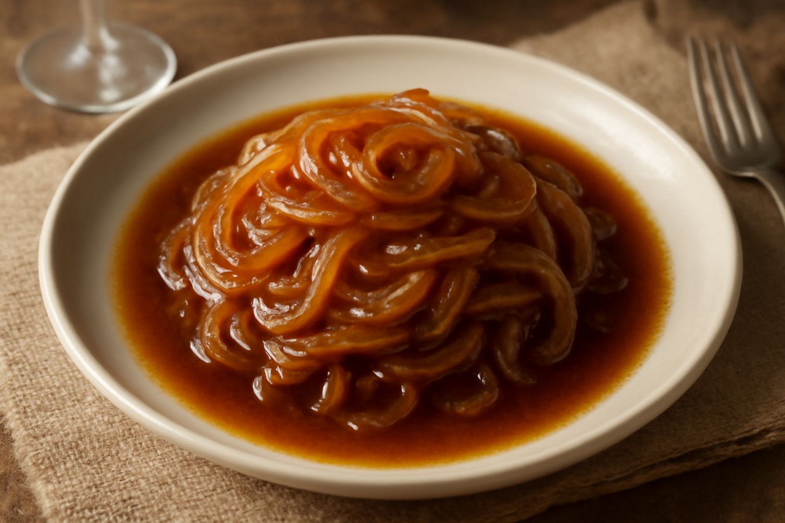 Cipollata sorrentina in un piatto bianco, cipolle dorate e caramellate lucide di glassa, bordo di cipollette verdi fresche, lucentezza ambrata del condimento
