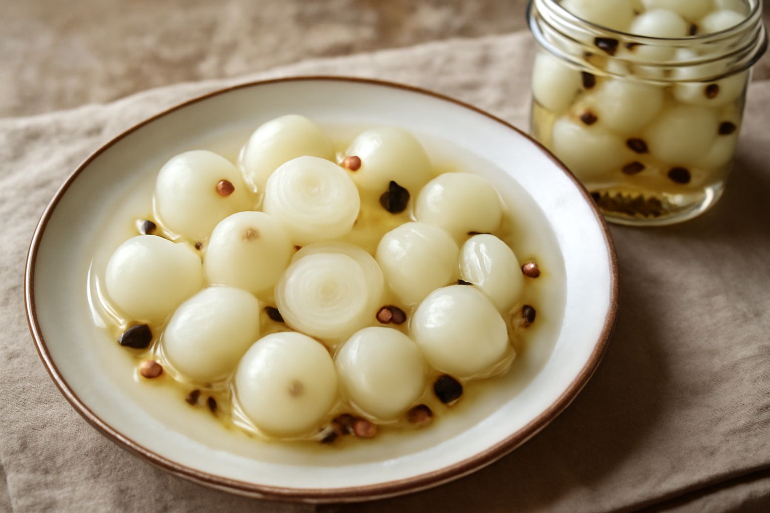 Vasetto trasparente di vetro con cipolle bianche sottaceto, intere e lucide, immerse in liquido trasparente con spezie visibili e etichetta bianca su ripiano di legno
