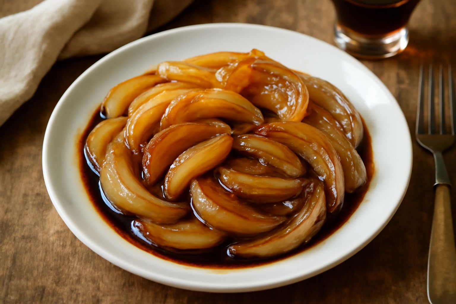 Cipolle dorate e traslucide in agrodolce servite in un piatto bianco, con aceto balsamico scuro che riluce sulla superficie, garnite di prezzemolo fresco