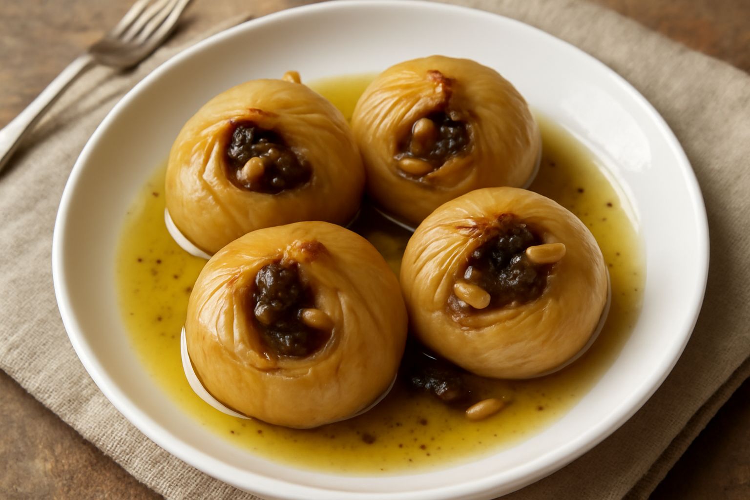 Vaso di vetro con cipolle intere dorate e lucide sommerse in olio trasparente, con foglie di basilico e grani di pepe neri visibili