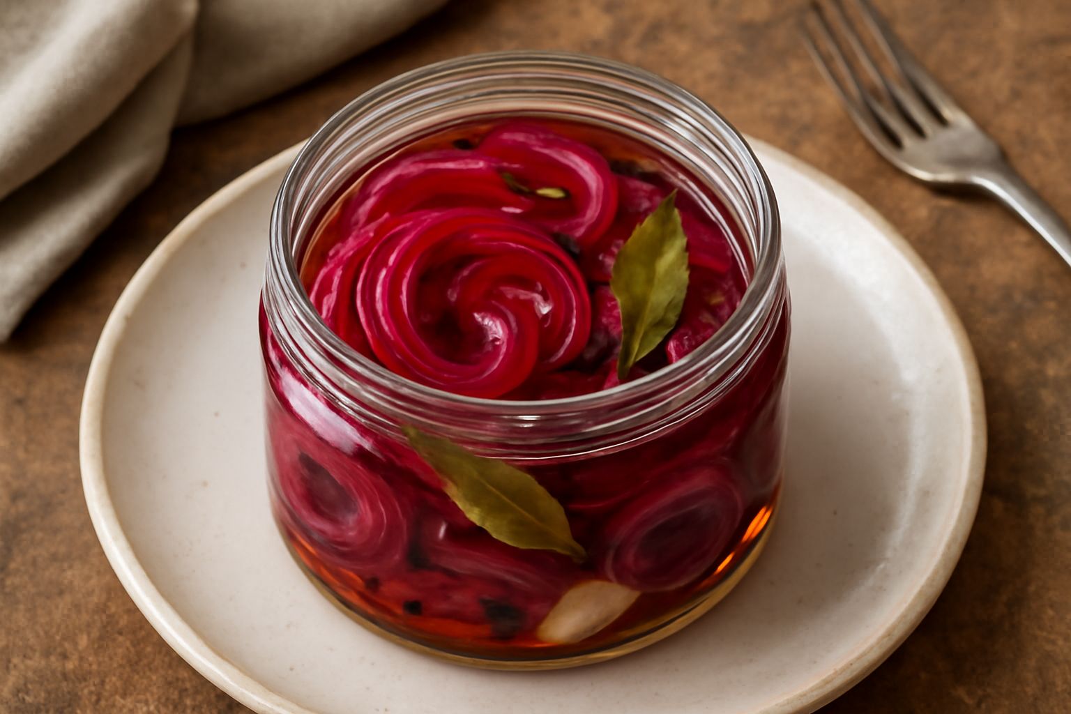 Barattolo di vetro con cipolle di Tropea a fette, di colore rosso intenso, immerse in olio trasparente con aceto e spezie, sfondo bianco da cucina
