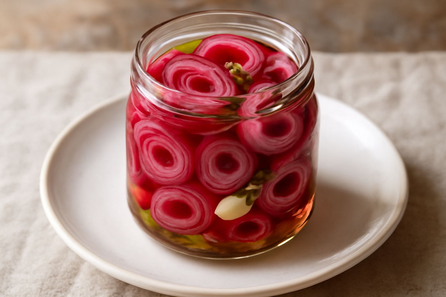 Vasetto di vetro con cipolle rosse tagliate a rondelle, coperte di olio trasparente, con spicchi di aglio, peperoncino rosso e rametti di timo visibili tra gli anelli.