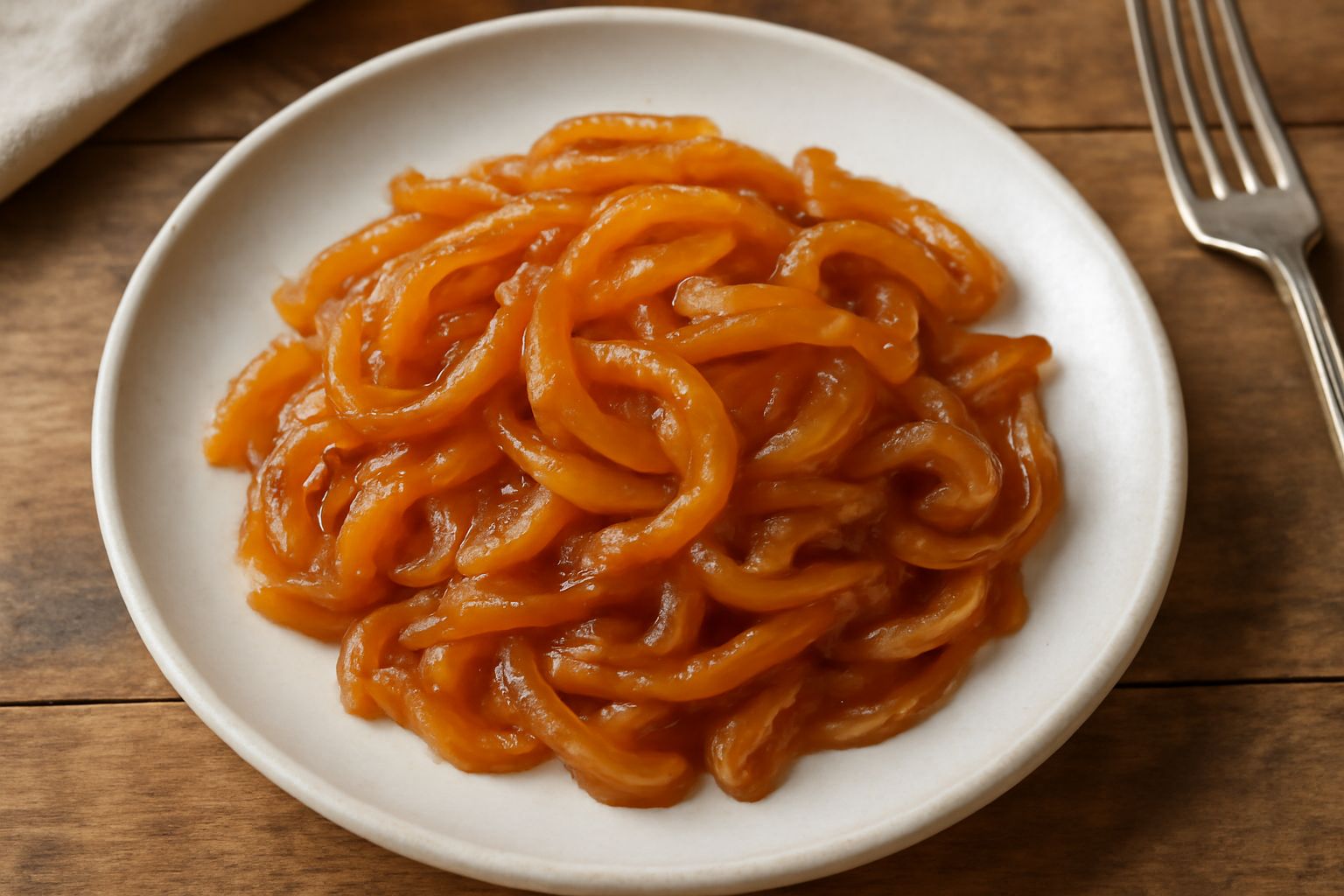 Cipolle dorate e caramellate in una ciotola di ceramica bianca, leggermente lucide, con pezzi translucidi e colore marrone scuro uniforme, servite tiepide