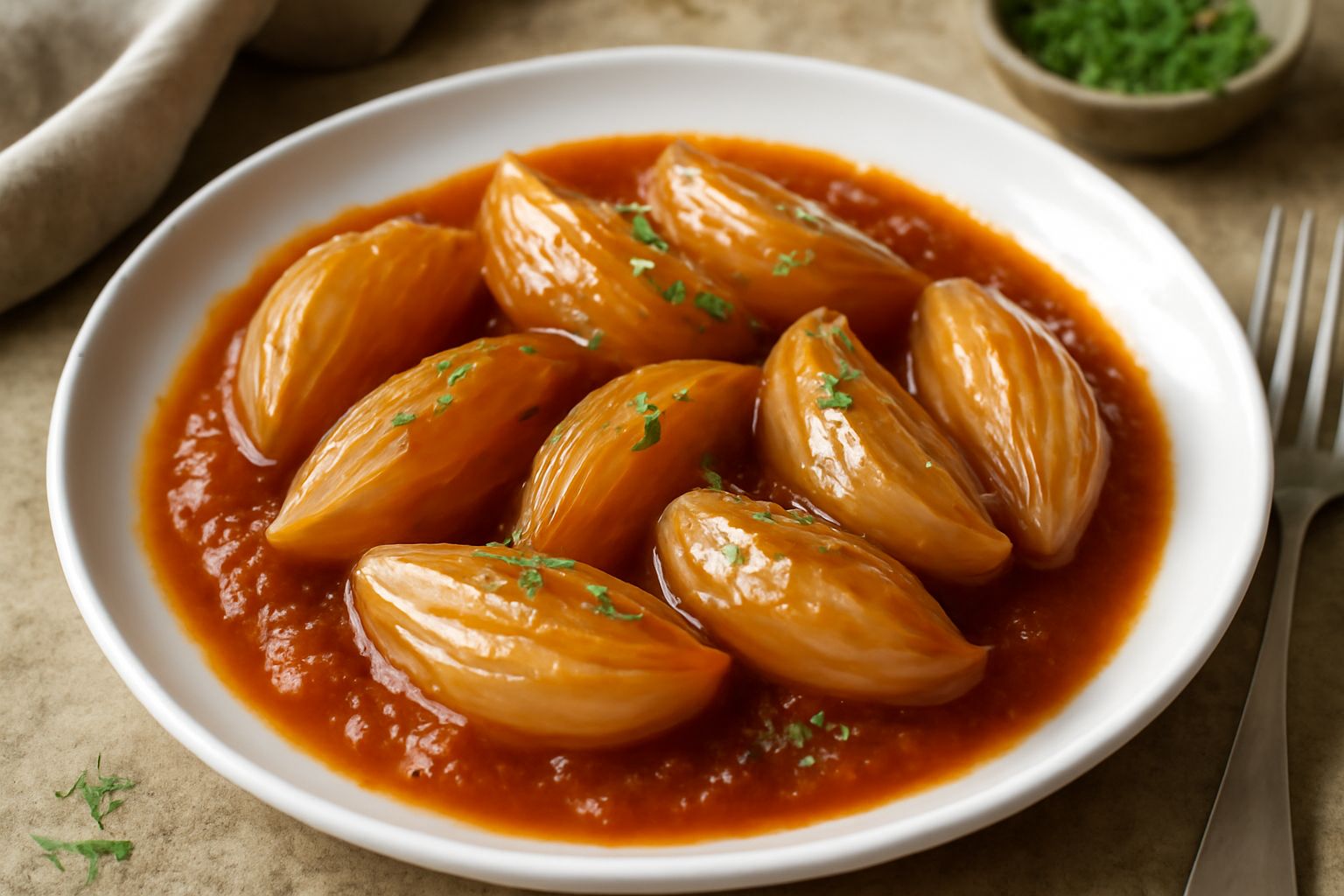 Cipolle dolci cotte in umido, color ambra dorato con trasparenza lucida nel piatto bianco, guarnite con prezzemolo fresco e qualche granello di pepe nero visibile in superficie