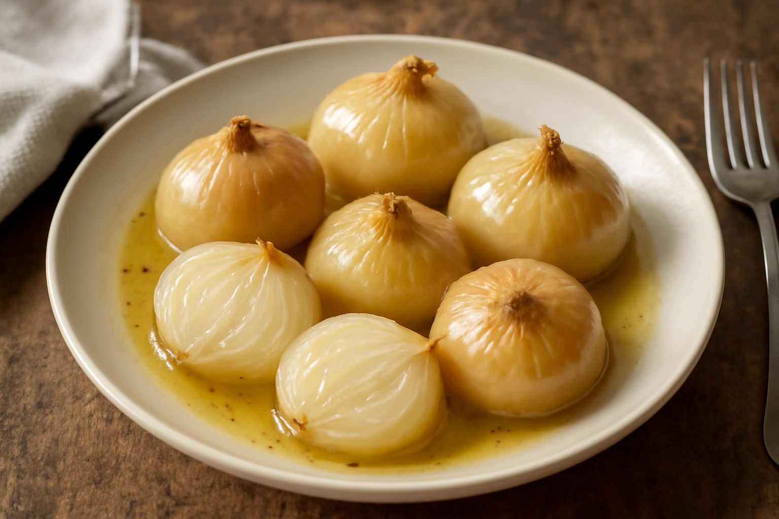 Cipolle dorate e morbide lessate in una ciotola di ceramica bianca, intere e brillanti di brodo, con un cucchiaio di legno accanto e prezzemolo fresco spolverato in superficie