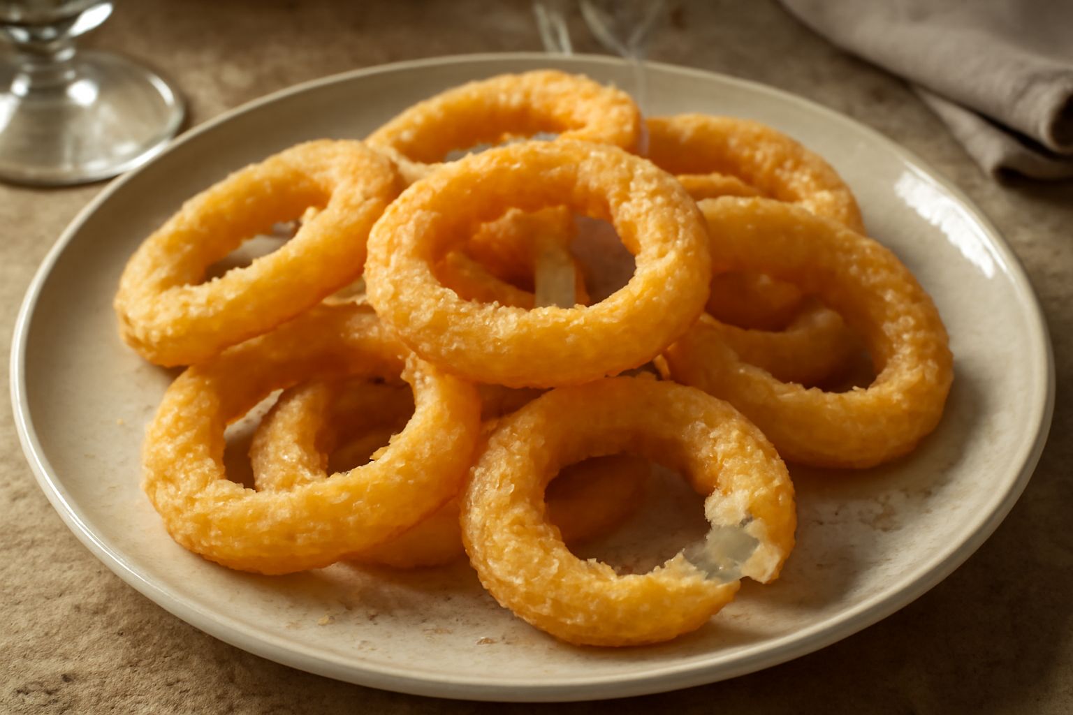 Cipolle fritte dorate e croccanti in un piatto bianco, anelli di cipolla giallo dorato impilati, olio che gocciola, sale grosso sparso, sfondo bianco