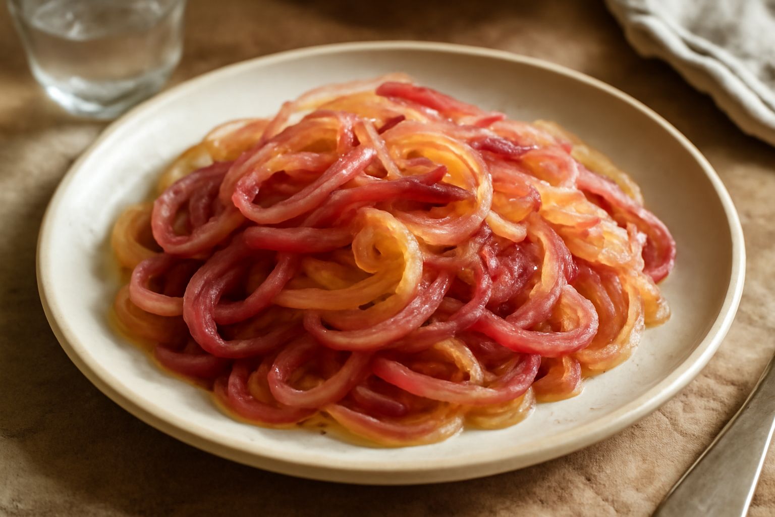 Cipolle rosse e bianche tagliate a fette sottili, trasparenti e leggermente caramellate in un piatto bianco, cosparse di semi di senape gialli e peperoncino rosso