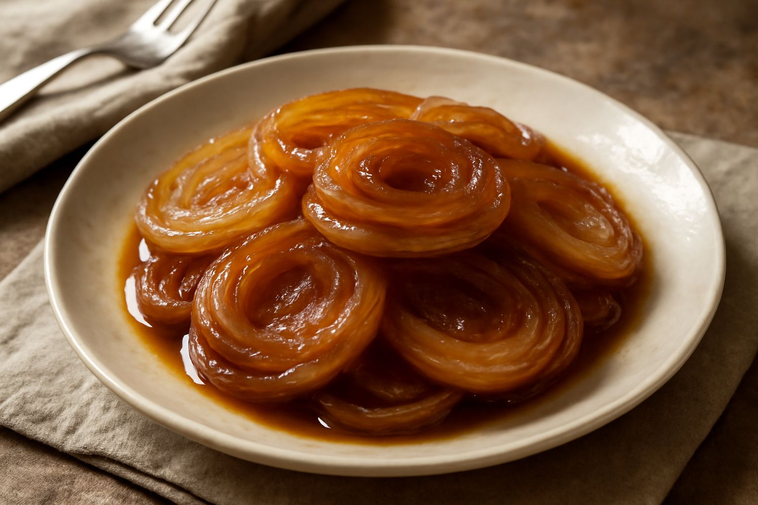 Cipolle dorate e caramellate in agrodolce, tagliate a fette sottili e lucide, disposte in una ciotola bianca, con riflessi marroni ambrati e una leggera glassa brillante