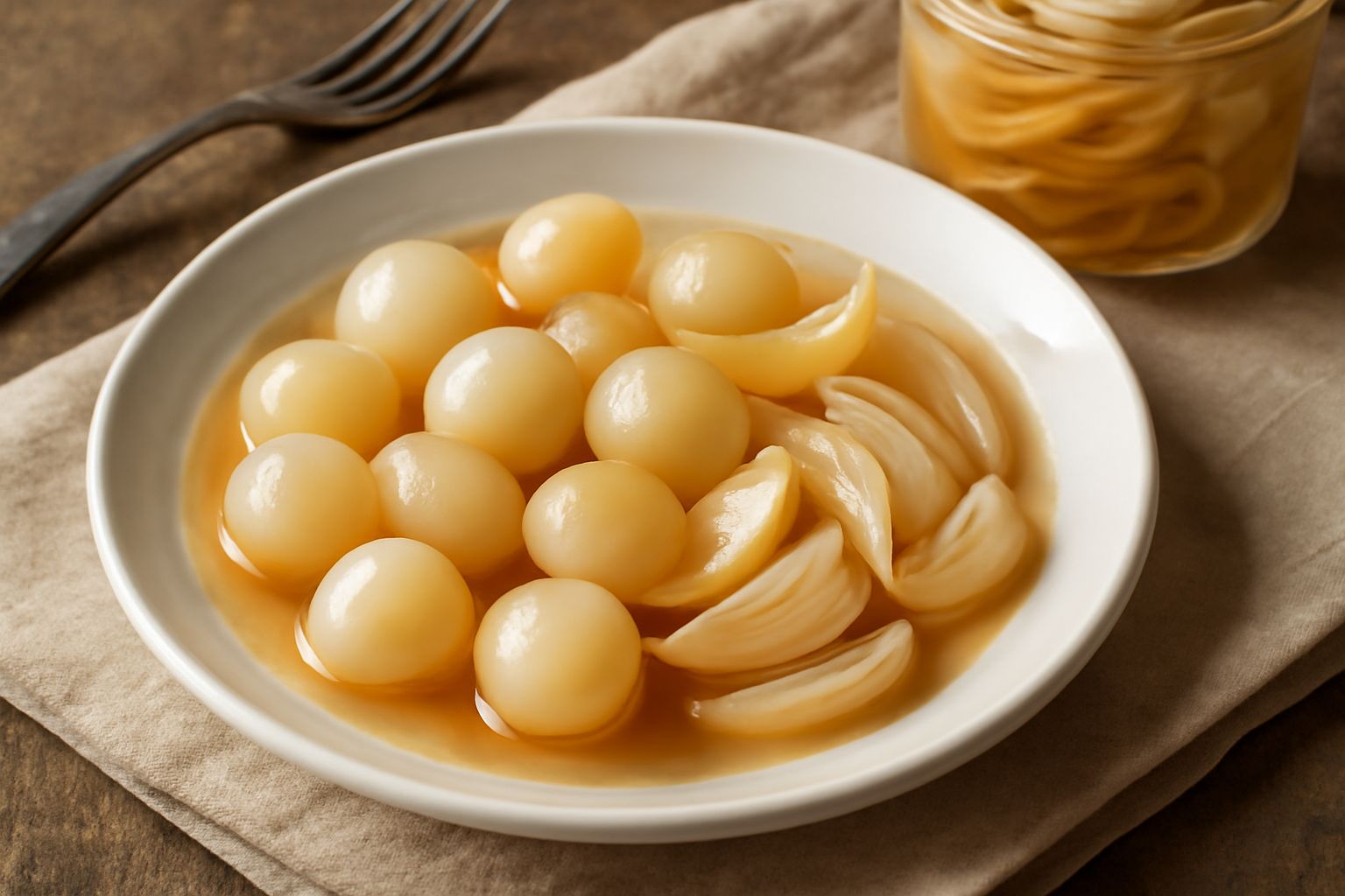 Barattolo di vetro trasparente pieno di cipolle intere piccole color avorio in liquido trasparente ambrato, su sfondo bianco con cipolla fresca a lato