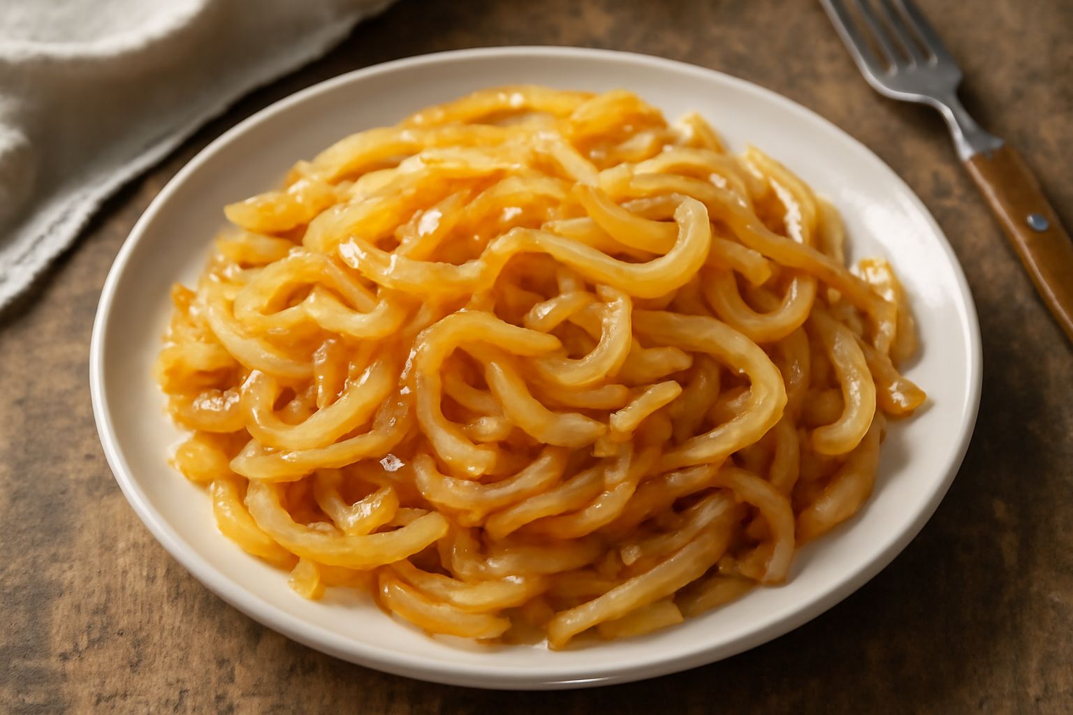 Cipolle tagliate a fette dorate e traslucide in una padella bianca, con i bordi lievemente caramellati, olio lucido e qualche granello di sale grosso visibile
