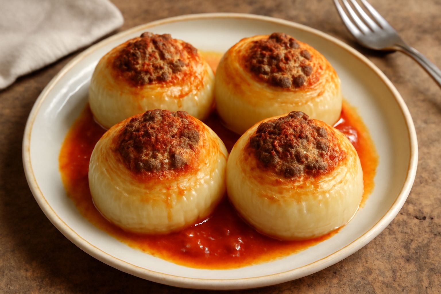 Quattro mezze cipolle dorate in una pirofila bianca, ripiene di composto di carne macinata e pangrattato, bordo della pirofila con salsa di pomodoro, erbe aromatiche sparse in superficie