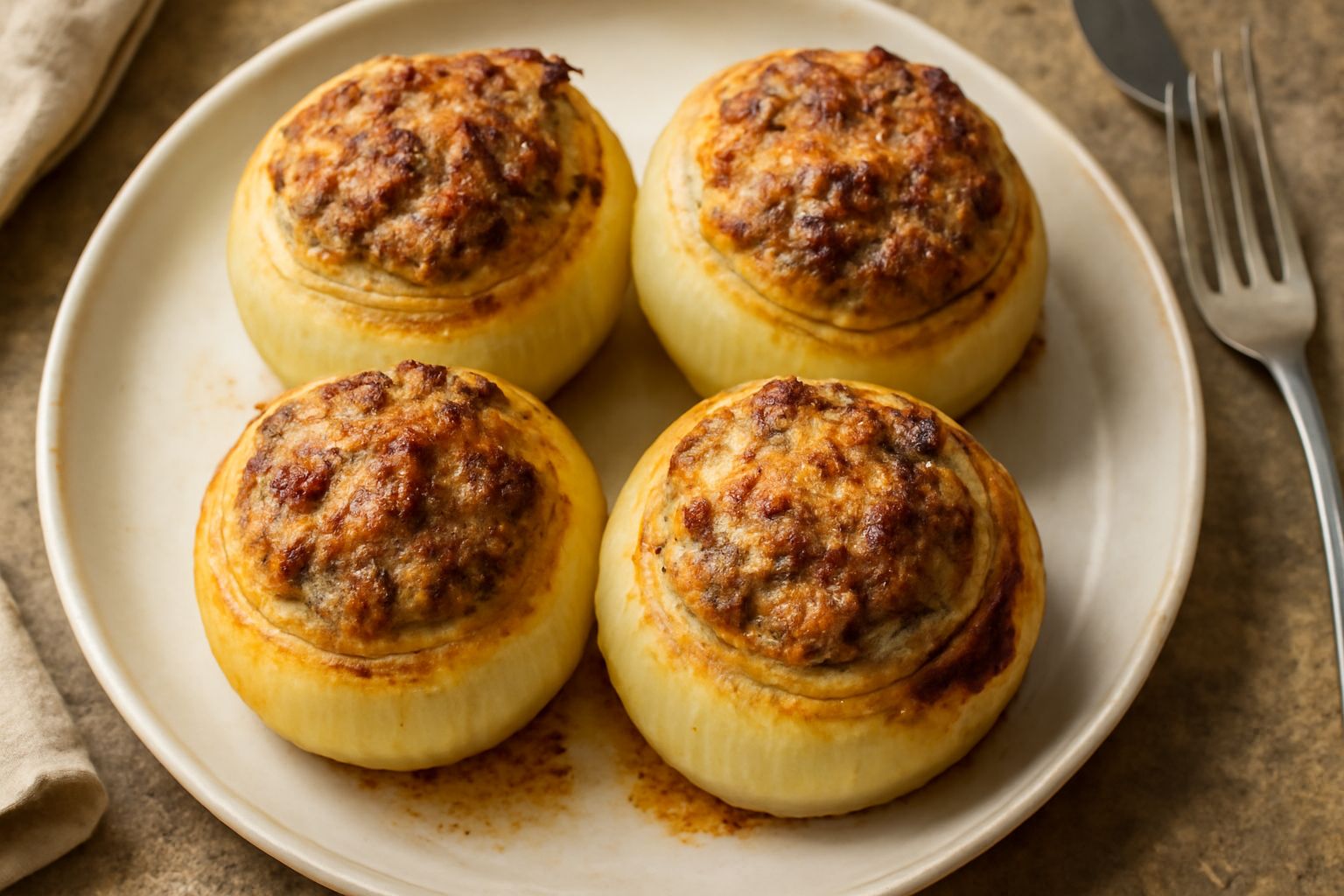 Quattro mezze cipolle dorate e morbide in una teglia di ceramica bianca, ripiene di un composto marrone con carne e pangrattato, cosparse di formaggio grattugiato leggermente tostato in superficie