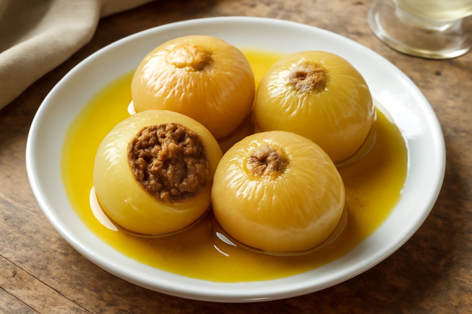 Barattolo di vetro con cipolle ripiene dorate immerse in olio trasparente, cipolla spezzata in primo piano che mostra il ripieno misto di carne e verdure