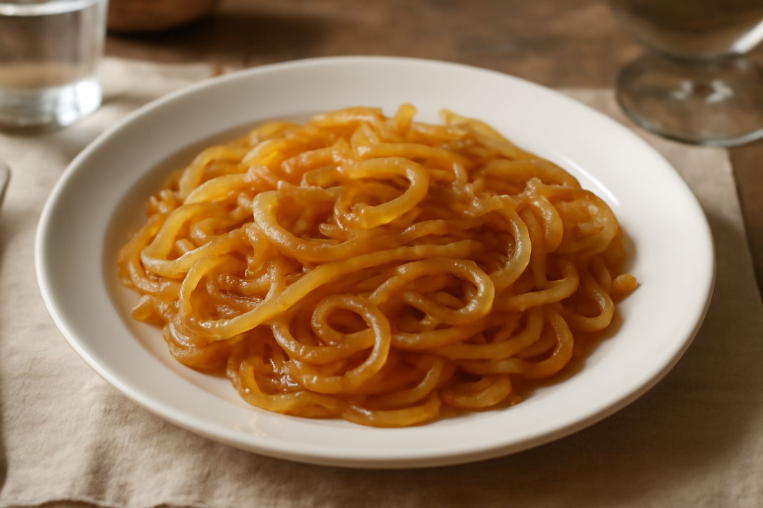 Cipolle soffritte dorate e caramellate in padella, tagliate a fette sottili, trasparenti e lucide, con colore marrone chiaro uniforme.