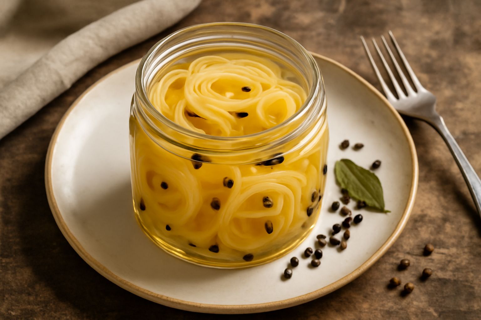 Barattolo di vetro con cipolle giallo-ambrate semitrasparenti, sottile aceto trasparente, grani di pepe nero e fili di aneto fresco visibili sulla superficie delle cipolle, etichetta artigianale, fond