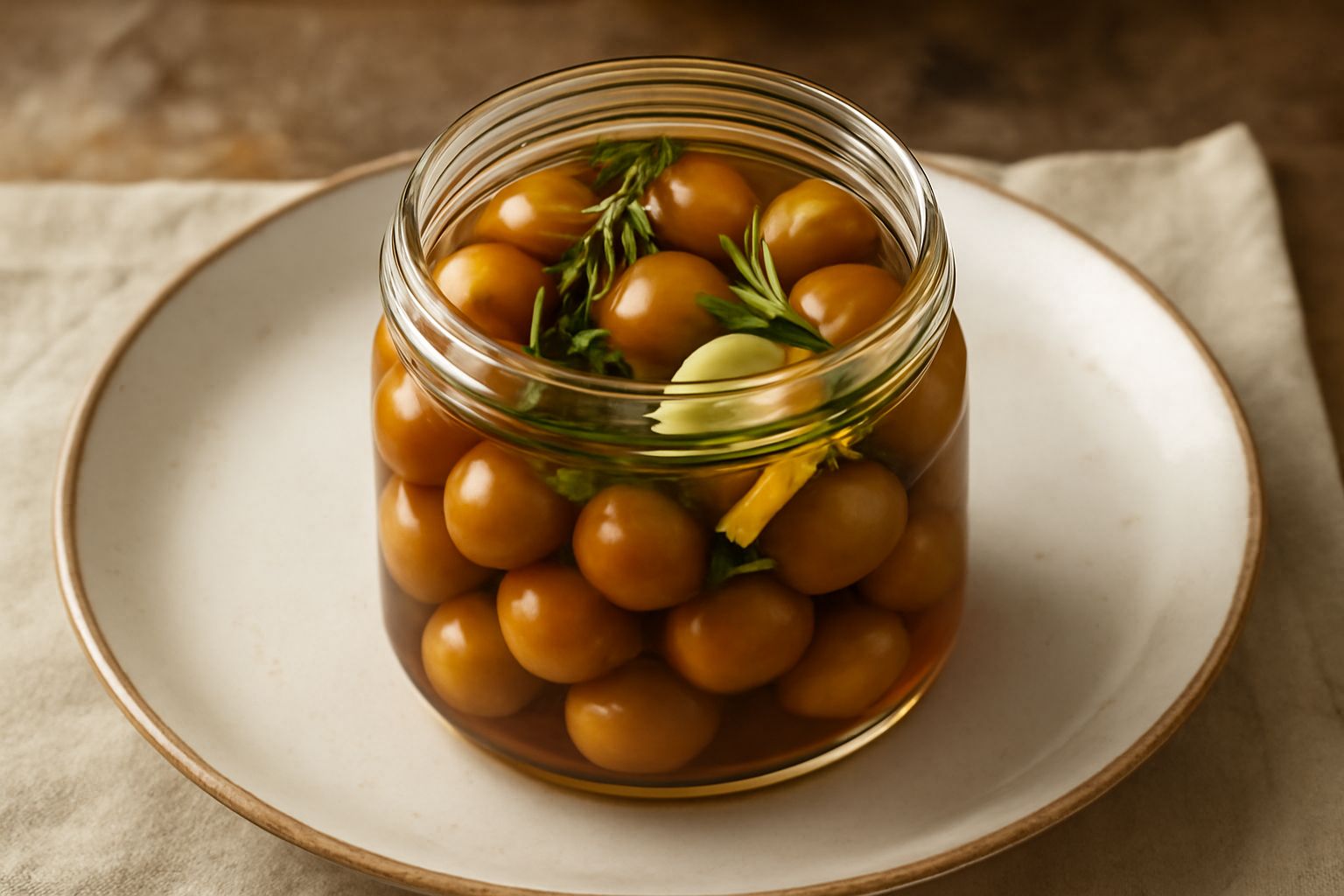 Barattolo di vetro con cipollette piccole intere in conserva sott'aceto, di colore marrone dorato, con rosmarino e peperoncino visibili, su sfondo di legno naturale